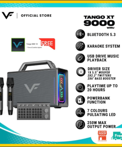 Vinnfier VF Tango XT9000 MAX 250W Mudah Alih Karaoke Guitar Portable Bluetooth Speaker Sound card Mixer 2 UHF Mirophone