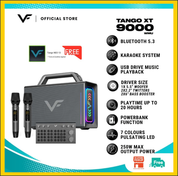 Vinnfier VF Tango XT9000 MAX 250W Mudah Alih Karaoke Guitar Portable Bluetooth Speaker Sound card Mixer 2 UHF Mirophone