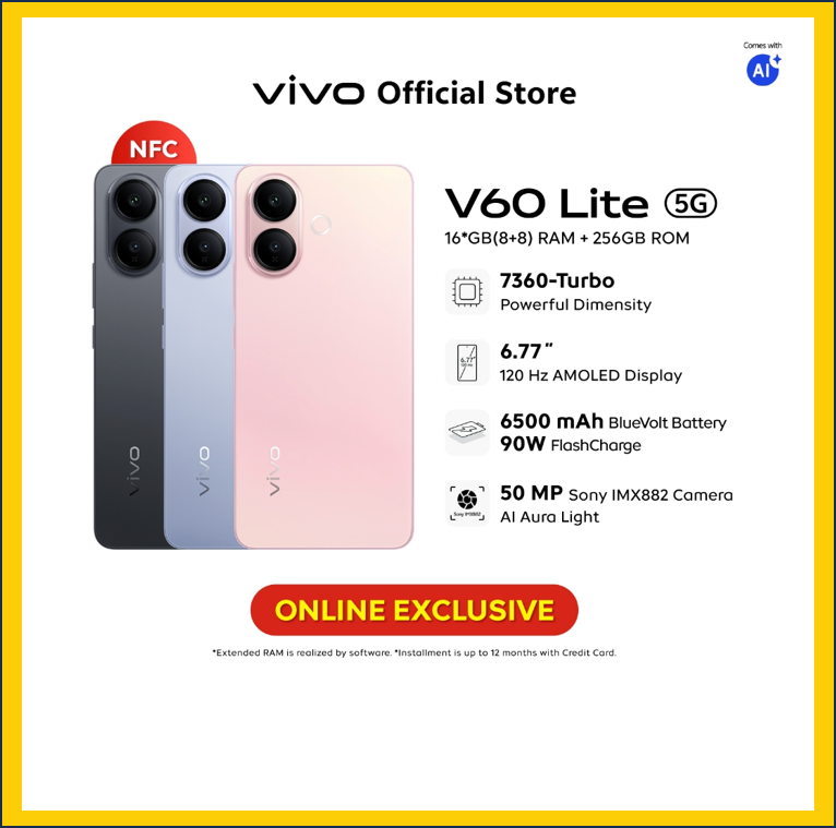 vivo V60 Lite 5G 16*GB+256GB 50MP ZEISS Super Telephoto Camera 7360-Turbo Powerful Dimensity AI Aura